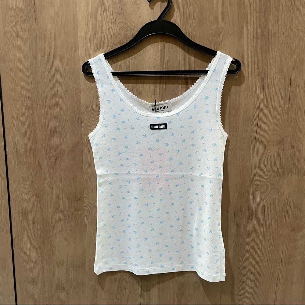 Miu Miu White Tank Top with Light Blue Micro Print